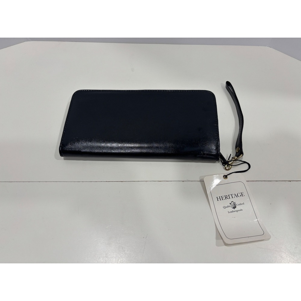 Heritage Leather Travel Wallet Organizer Zip Around Wristlet Black Vintage New